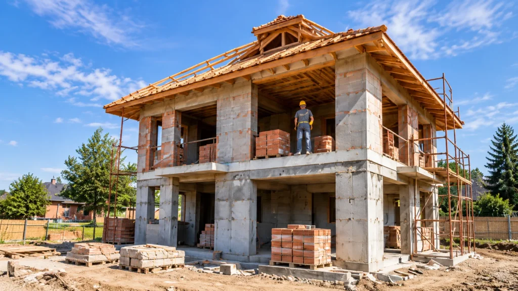 Casă din zidărie și beton în curs de execuție