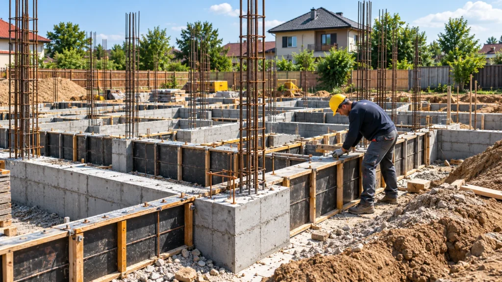 Fundații, cofraje și armături pentru o construcție de locuință