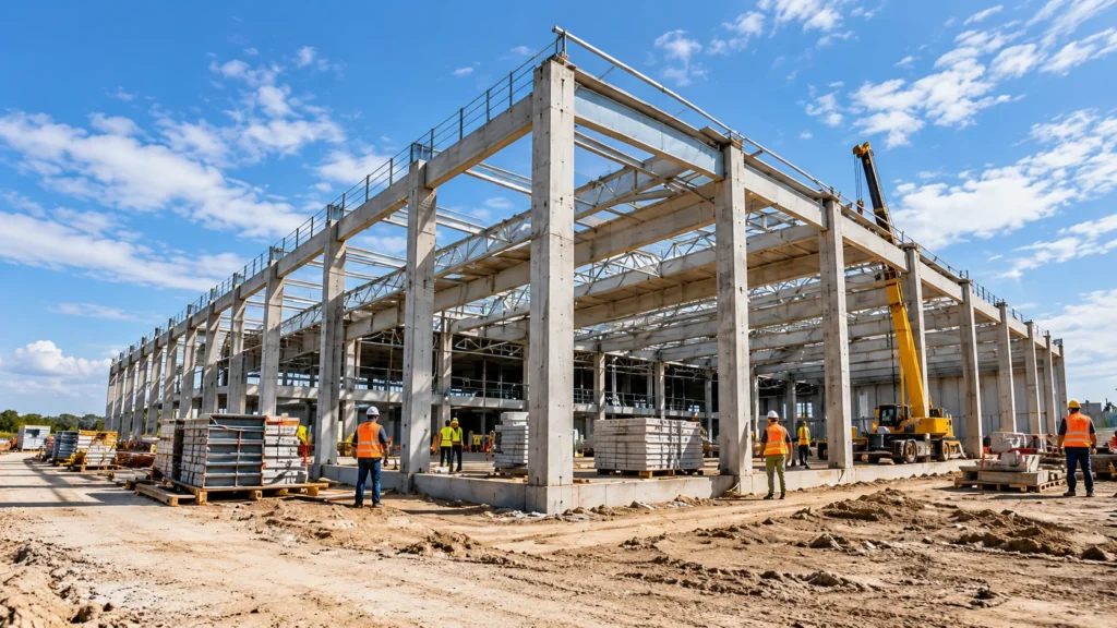 Structură de hală industrială în curs de execuție