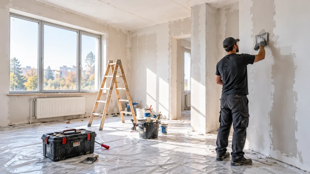 Pregătirea pereților într-un spațiu interior aflat în renovare